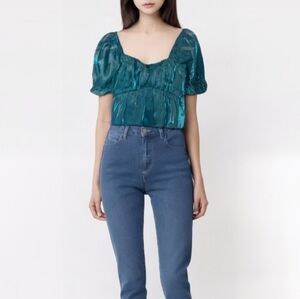 S • Thirty Thirty • Chiffon Poof Sleeve Babydoll Cropped Top